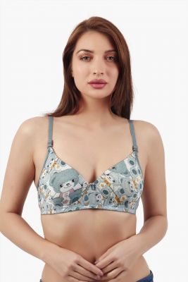 Grey Cute Teddy Bear Print Cotton Blend Premium Bra